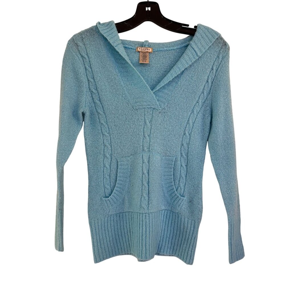 Vintage Arizona 00s Y2K Womens Light Blue Knit Hooded Long Sleeve Sweater Size M